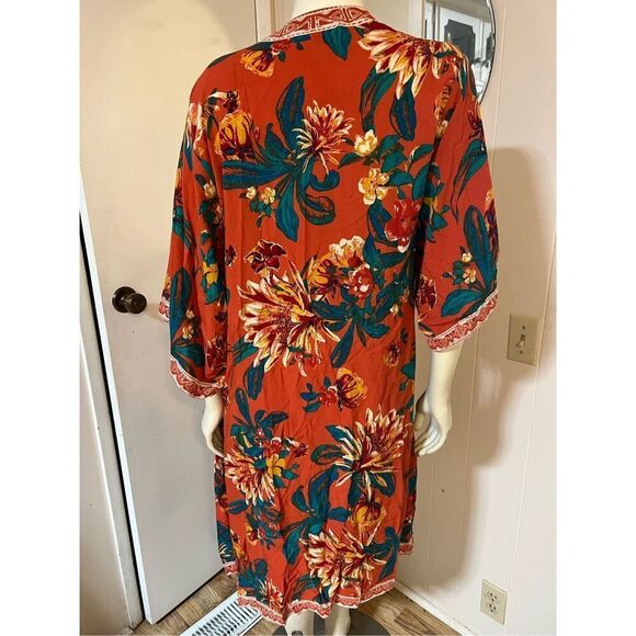 Flying Tomato Orange Floral Rayon Cover-Up Kimono Duster Size S - Picture 4 of 5
